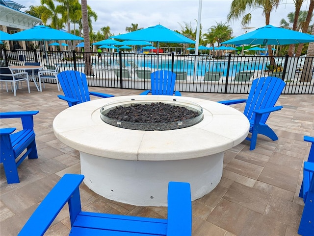 view of patio with an outdoor fire pit and a community pool