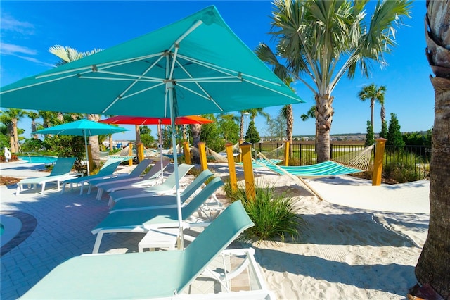 view of patio / terrace with a community pool and fence