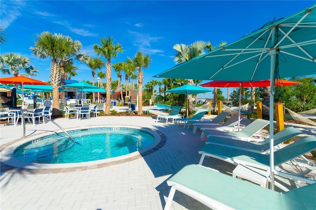 view of swimming pool featuring a pool and a patio area