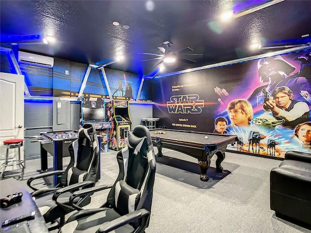 game room with billiards, light colored carpet, an AC wall unit, and a textured ceiling