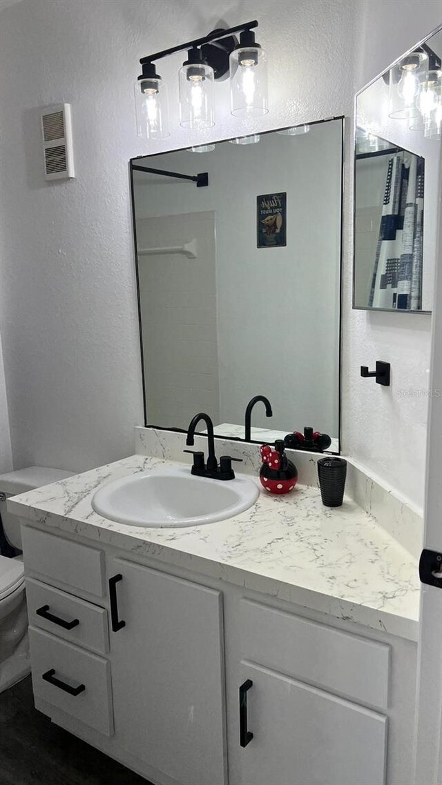 bathroom featuring toilet, vanity, and a textured wall
