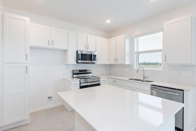 kitchen featuring decorative backsplash, sink, white cabinets, and stainless steel appliances