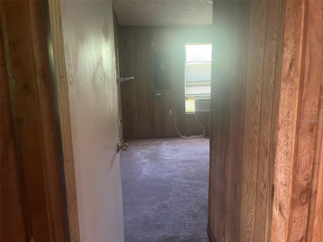 hall featuring wood walls and carpet floors