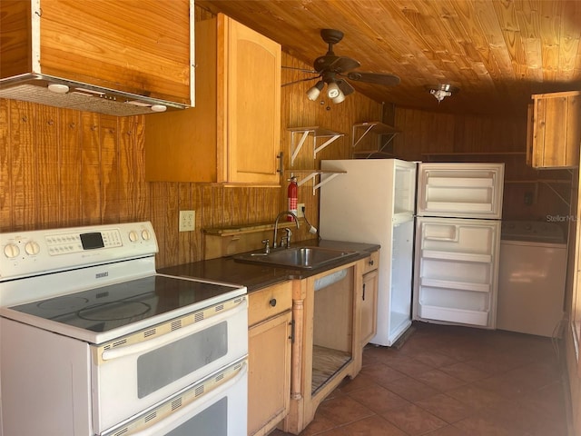 kitchen with wooden ceiling, sink, wooden walls, white electric stove, and washer / dryer