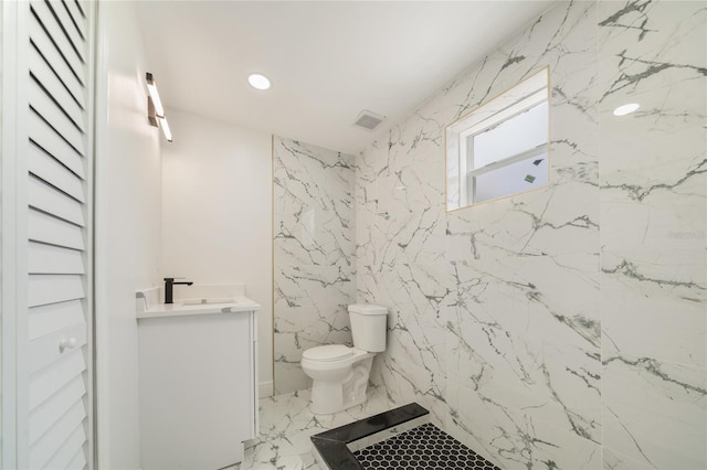 full bathroom with visible vents, toilet, recessed lighting, marble finish floor, and vanity