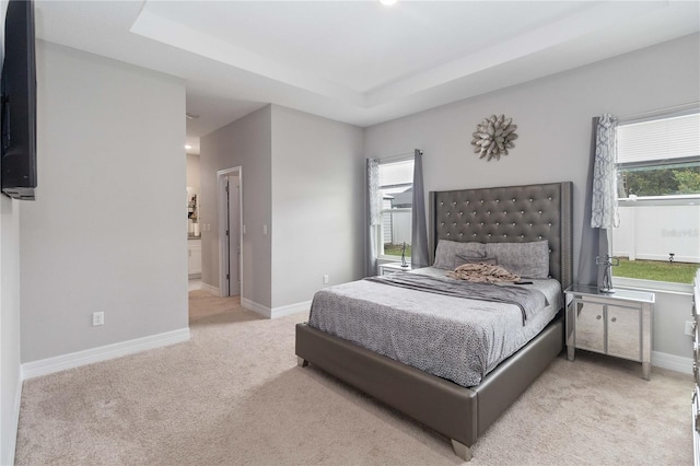 carpeted bedroom with a raised ceiling and ensuite bath