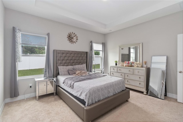 bedroom featuring light carpet and a raised ceiling