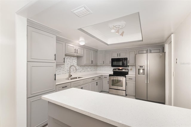 kitchen with gray cabinetry, a raised ceiling, sink, and appliances with stainless steel finishes