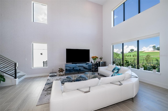 living room featuring a towering ceiling and light hardwood / wood-style flooring