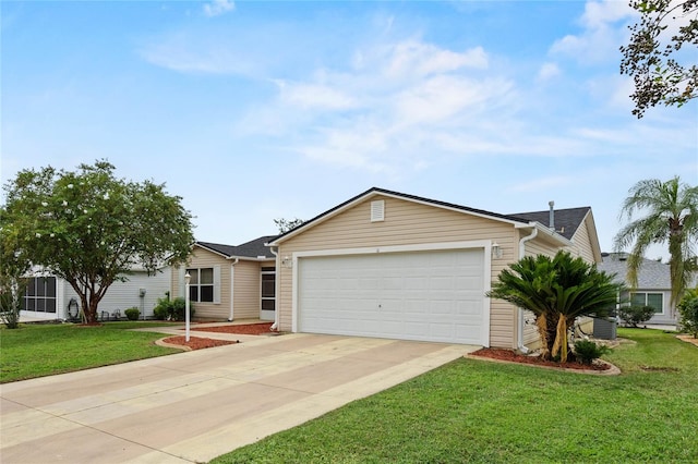 ranch-style home with cooling unit, a garage, and a front lawn