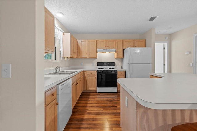 kitchen featuring a textured ceiling, white appliances, light brown cabinetry, sink, and dark hardwood / wood-style floors