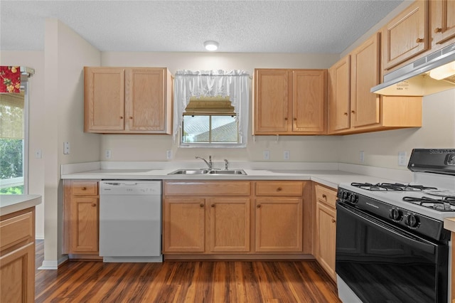 kitchen featuring dishwasher, dark hardwood / wood-style flooring, light brown cabinetry, sink, and gas range