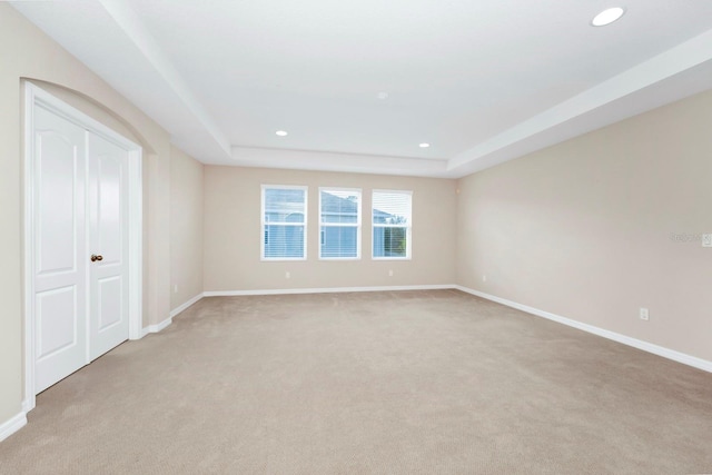 interior space featuring a raised ceiling and light carpet