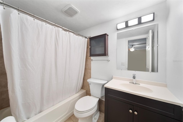 full bathroom with vanity, tile patterned flooring, toilet, shower / bathtub combination with curtain, and ceiling fan