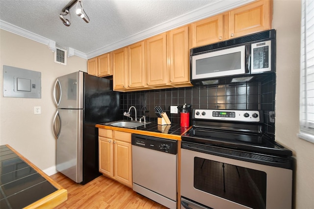 kitchen with crown molding, tile counters, sink, appliances with stainless steel finishes, and light hardwood / wood-style floors