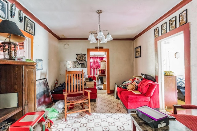 sitting room with ornamental molding and an inviting chandelier