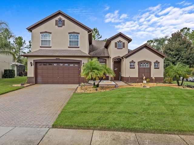 view of front facade featuring an attached garage, a front yard, decorative driveway, and stucco siding