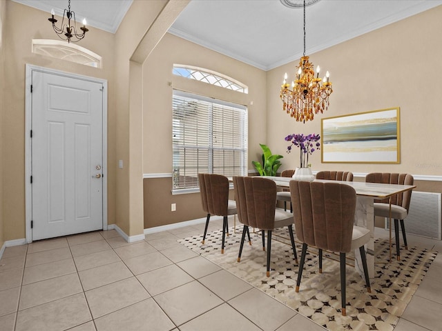 dining room featuring a chandelier, visible vents, ornamental molding, and light tile patterned floors