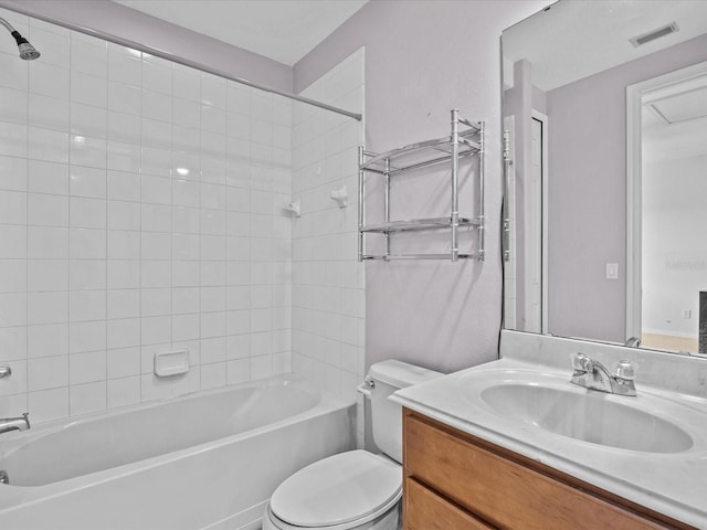 full bath with toilet, bathtub / shower combination, vanity, and visible vents