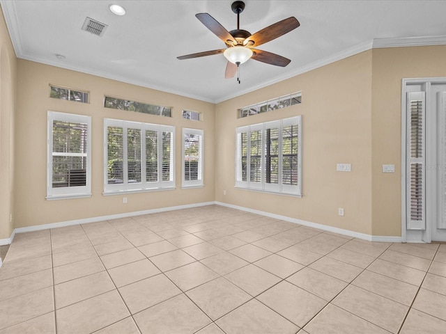 unfurnished room with ceiling fan, ornamental molding, and baseboards