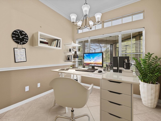 office area with light tile patterned flooring, a wealth of natural light, and crown molding