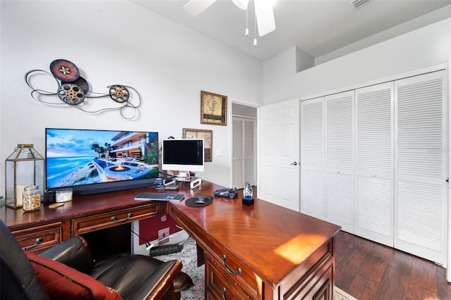 office space with ceiling fan and dark hardwood / wood-style floors