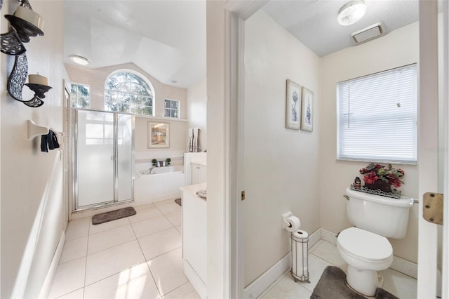 full bathroom featuring tile patterned flooring, a textured ceiling, independent shower and bath, vanity, and toilet