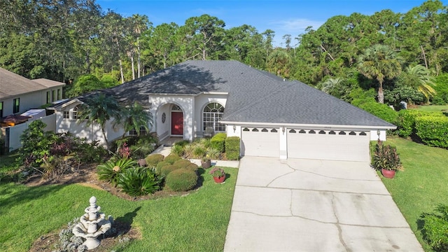 view of front facade with a front yard and a garage