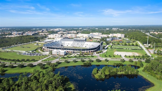 birds eye view of property featuring a water view