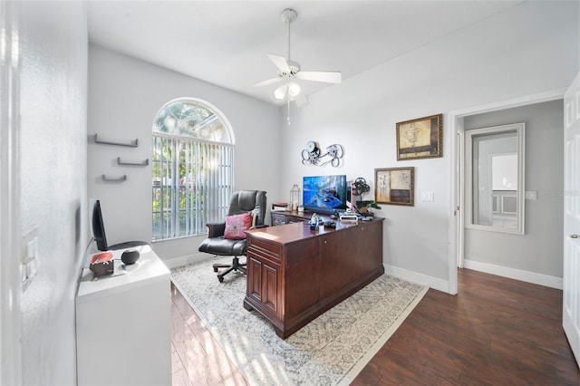 office with ceiling fan and dark hardwood / wood-style floors