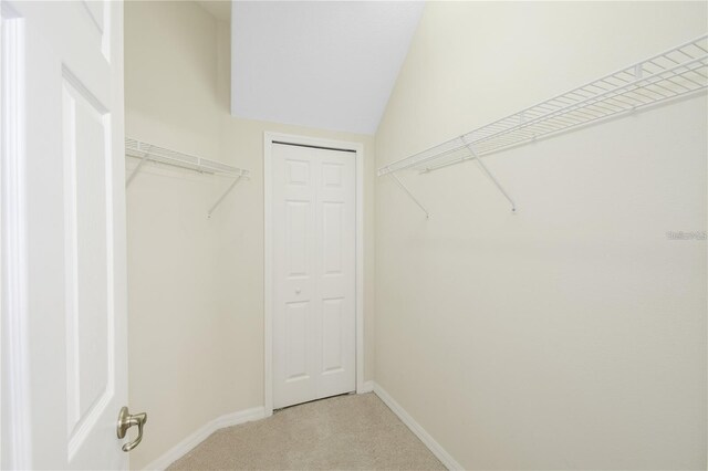 walk in closet featuring carpet floors and lofted ceiling