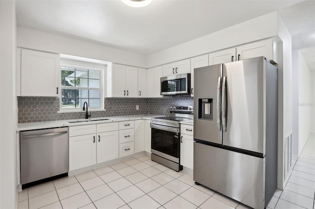 kitchen with appliances with stainless steel finishes, backsplash, white cabinetry, and sink