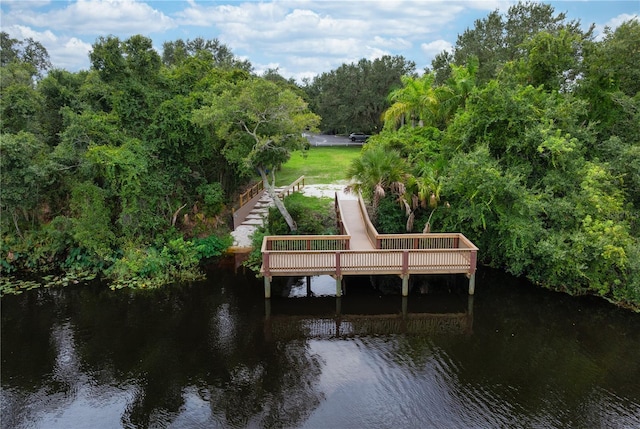 dock area with a water view and a view of trees