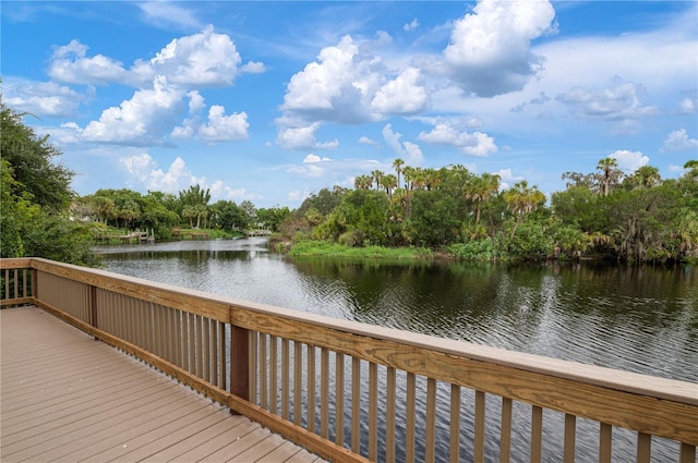 dock area featuring a water view and view of scattered trees