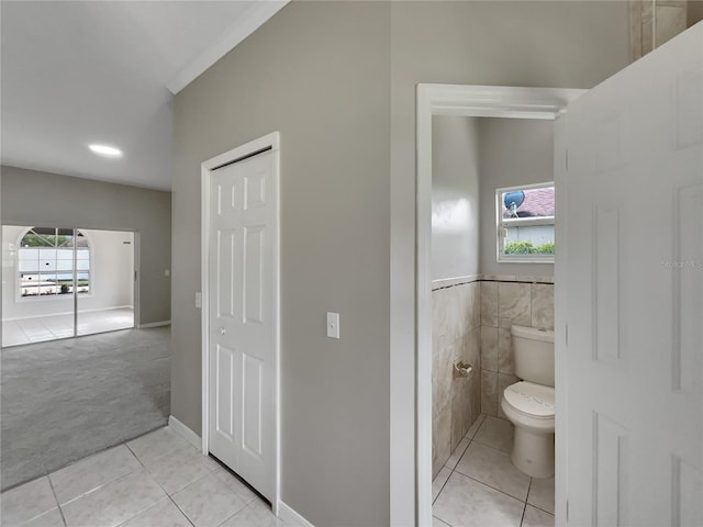 bathroom with toilet, a wealth of natural light, and tile patterned floors