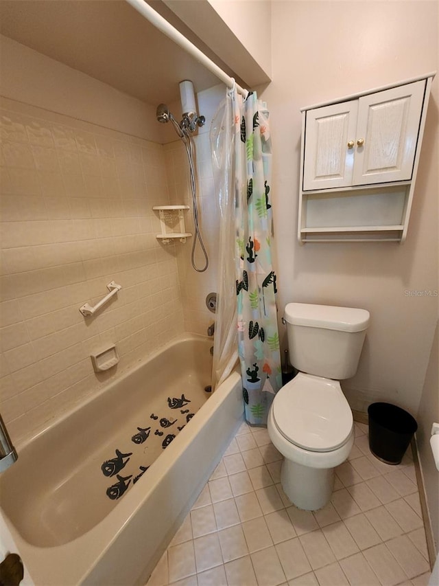 bathroom featuring toilet, tile patterned floors, and shower / bathtub combination with curtain