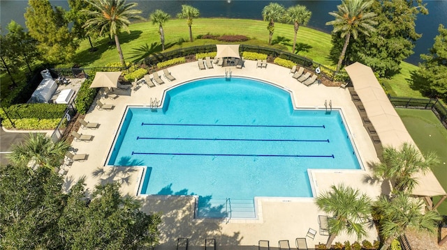 view of pool featuring a patio and a lawn