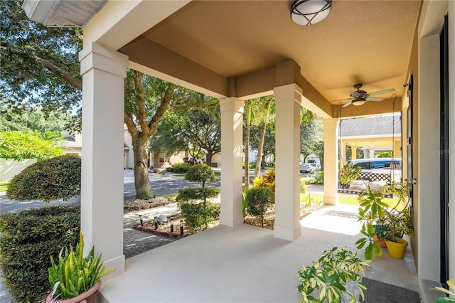 view of patio featuring ceiling fan and covered porch