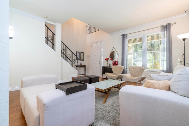 living room featuring ornamental molding and light hardwood / wood-style flooring