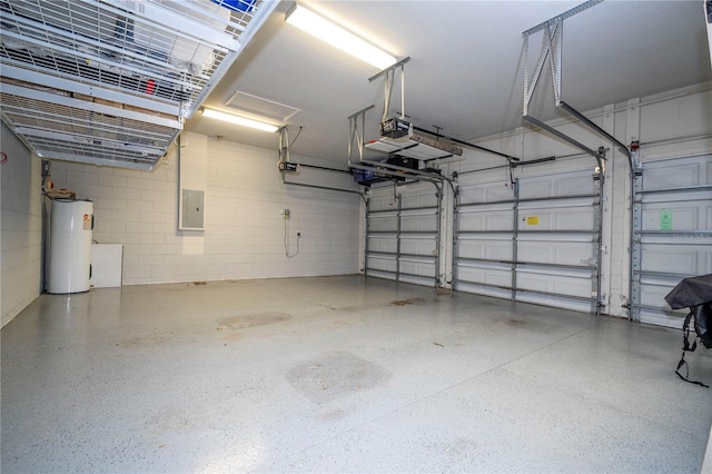 garage with water heater, a garage door opener, and electric panel