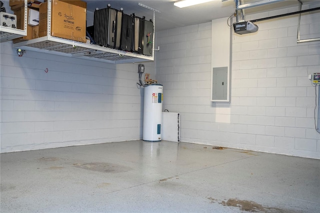 garage with electric water heater, electric panel, and a garage door opener