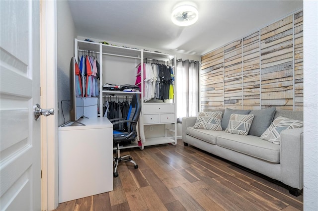 home office with dark hardwood / wood-style floors