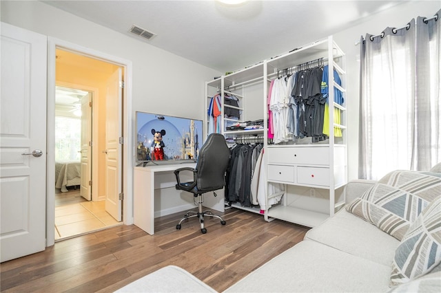 office space featuring dark wood-type flooring