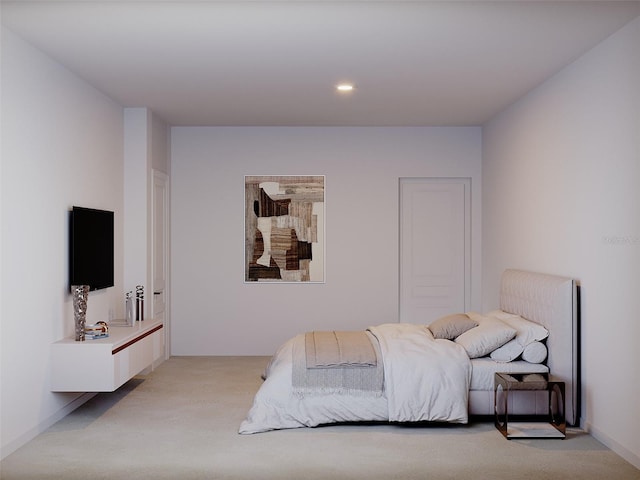 bedroom featuring light colored carpet