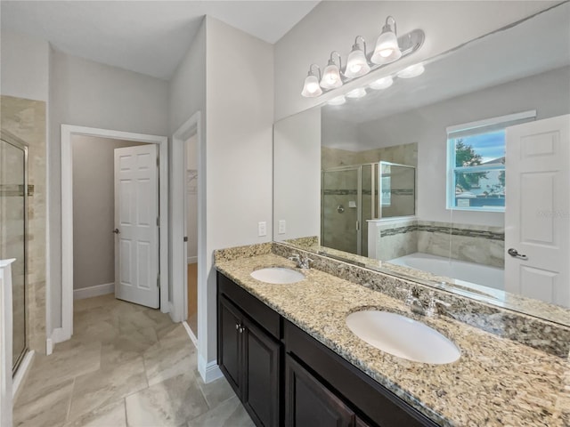 bathroom with separate shower and tub and vanity