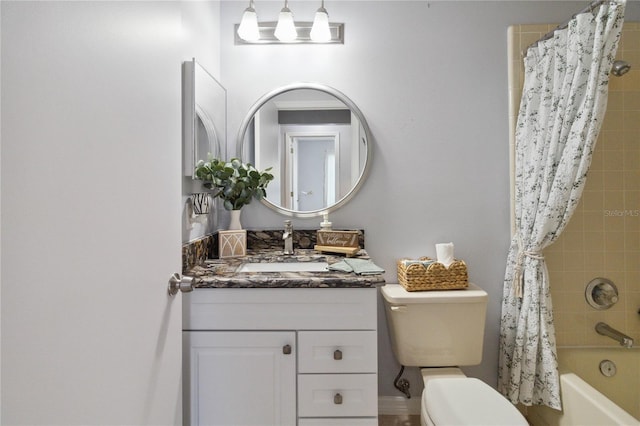 full bathroom featuring vanity, shower / bath combination with curtain, and toilet