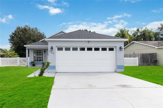 ranch-style home featuring a garage and a front yard