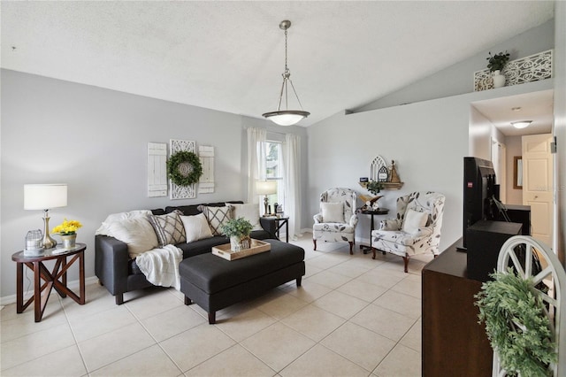 tiled living room with lofted ceiling