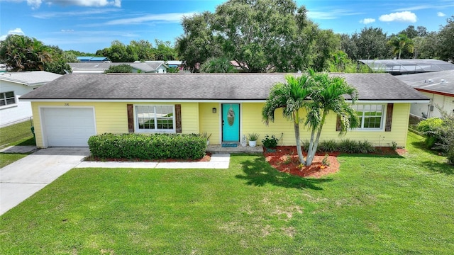 ranch-style house featuring a garage, roof with shingles, a front yard, and concrete driveway