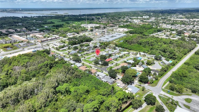 drone / aerial view with a water view